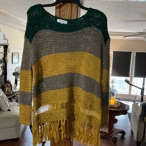 Entro Green and Gray Crew Neck Sweater with Fringe Detail